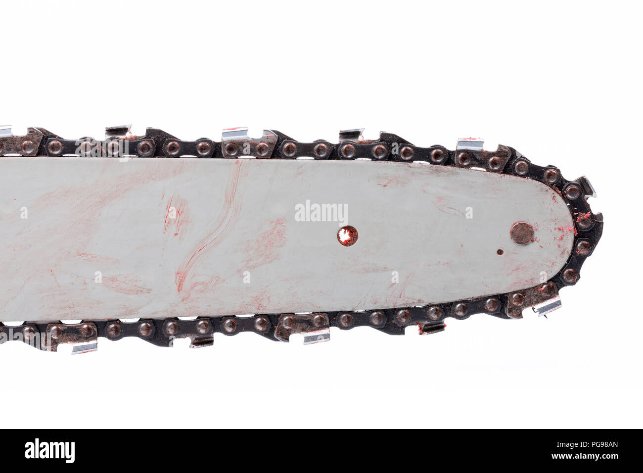 Chainsaw sword dirty and stained like blood isolated on white. Stock Photo