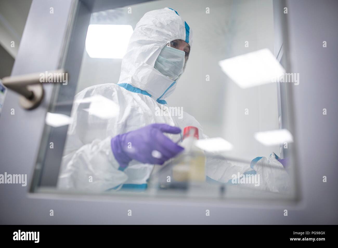 Technician collecting equipment from a transfer hatch in a sterile laboratory that manufactures human tissues for implants. Such implants include bone and skin grafts. Stock Photo