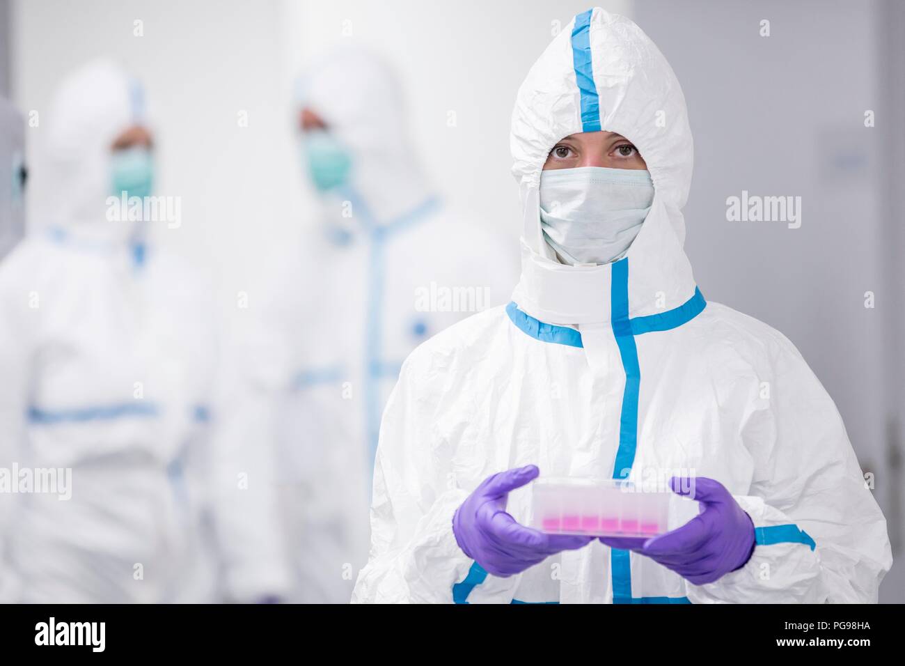 Lab technician carrying a cell-based testing kit in a laboratory that engineers human tissues for implant. Such implants include bone and skin grafts. Stock Photo