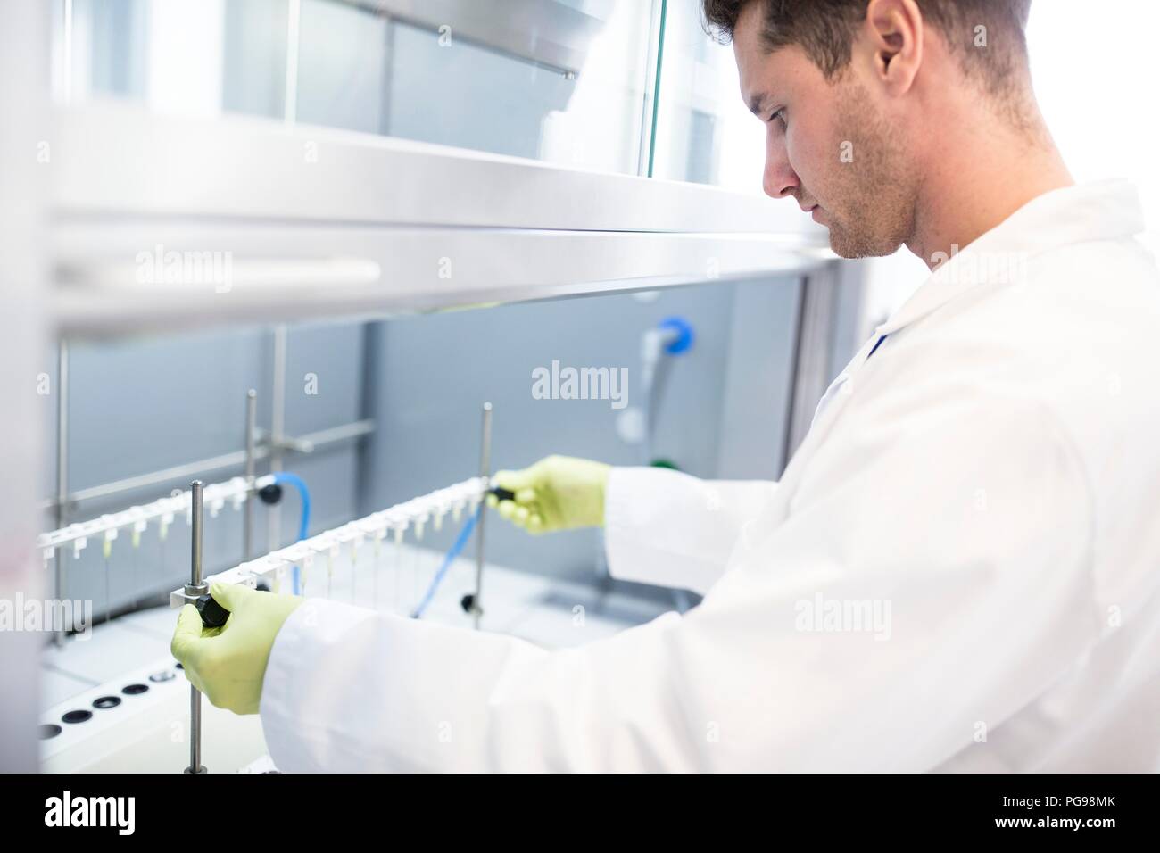 Solid phase extraction (SPE) columns being placed on a stand. SPE is used to separate biological compounds from a mixture for further analysis. Stock Photo