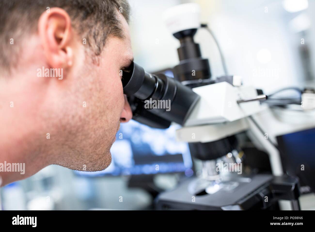 Scientist checking a nanofibre structure under a light microscope. Stock Photo