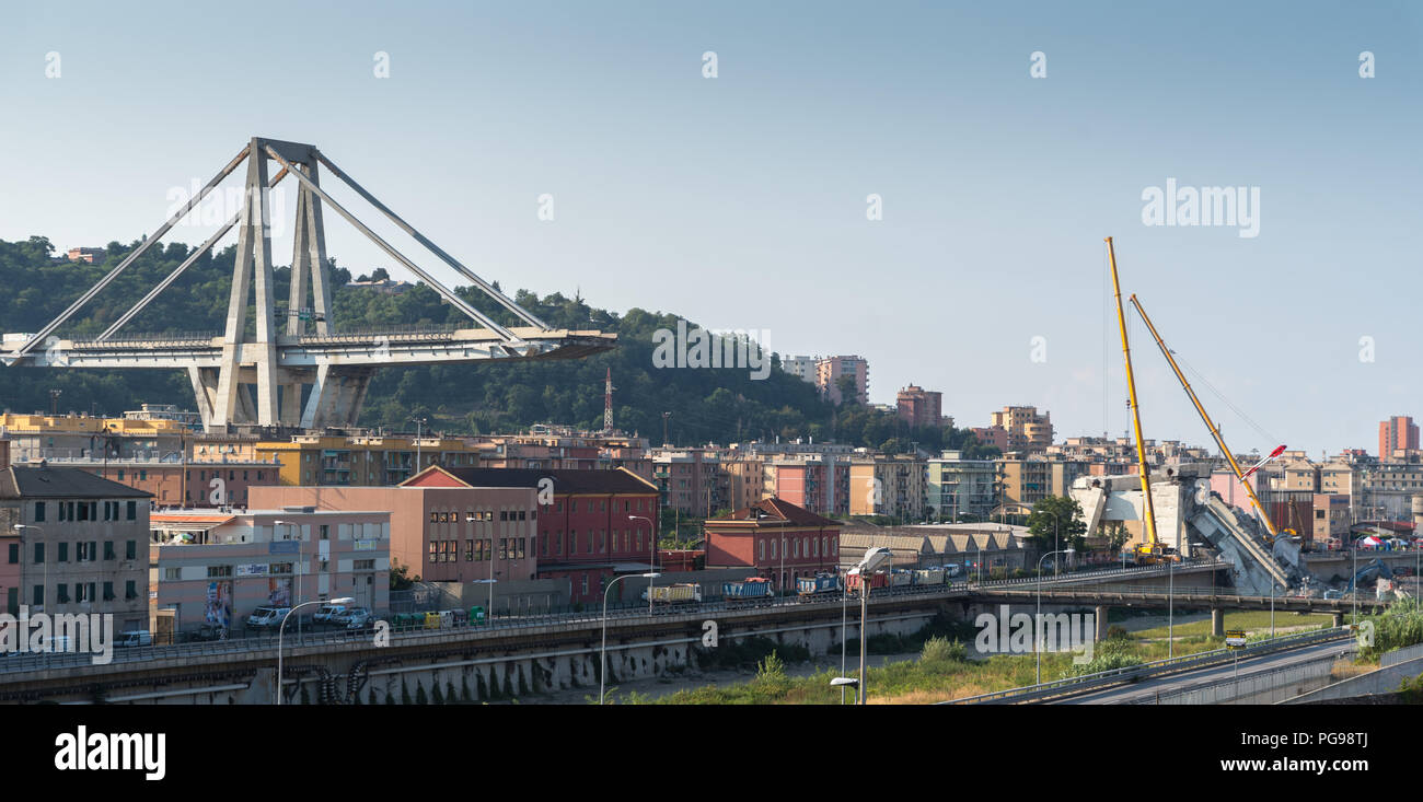 Genoa, Italy, what remains of collapsed Morandi Bridge connecting A10 motorway after structural failure causing 43 casualties on August 14, 2018 Stock Photo