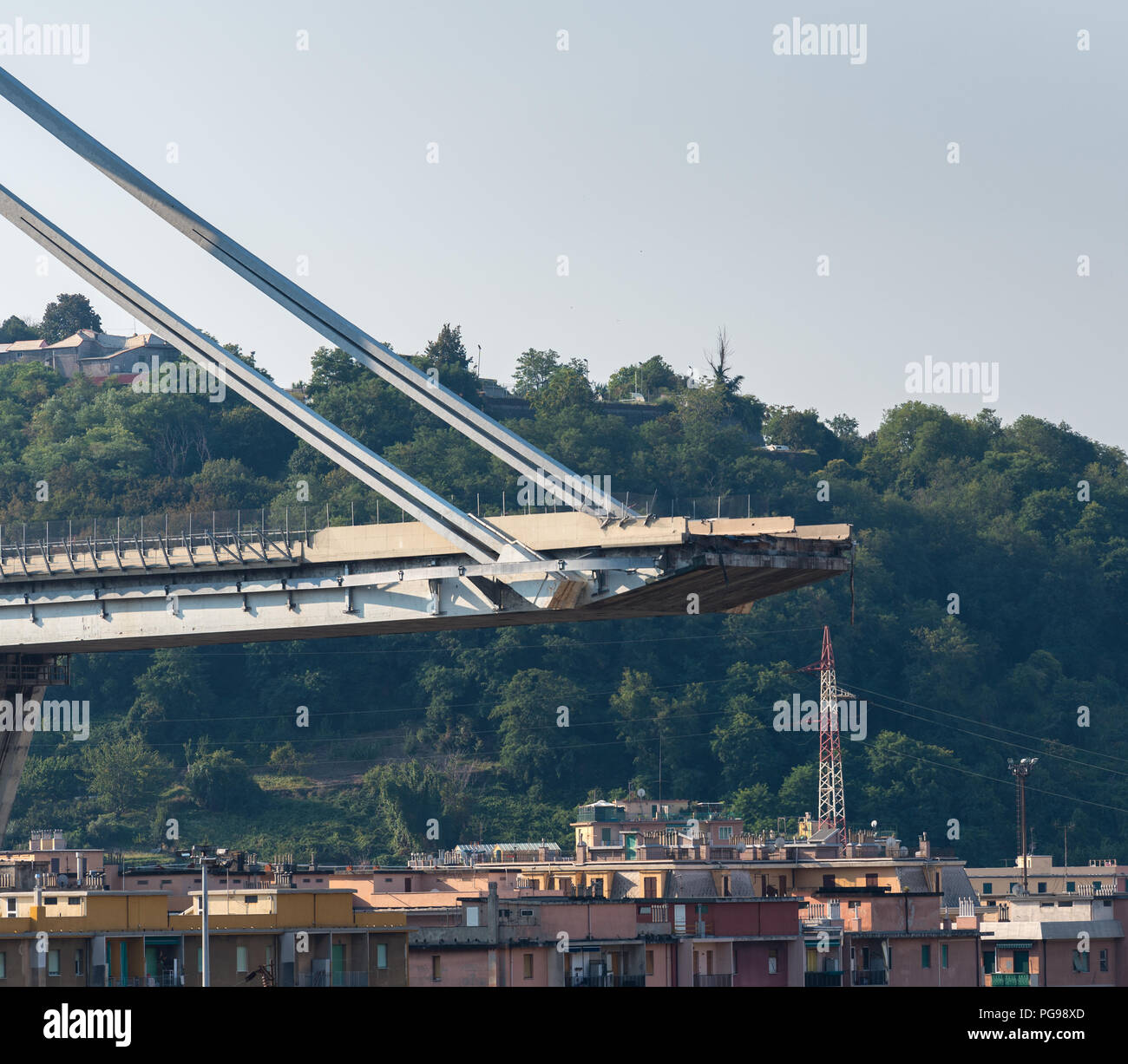 Genoa, Italy, what remains of collapsed Morandi Bridge connecting A10 motorway after structural failure causing 43 casualties on August 14, 2018 Stock Photo