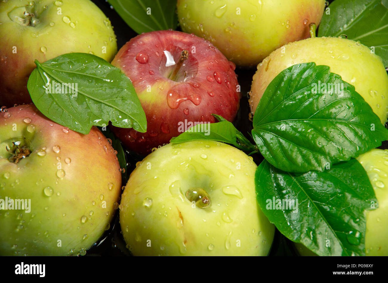 Summer apples with water drops after washing, top view close-up Stock Photo