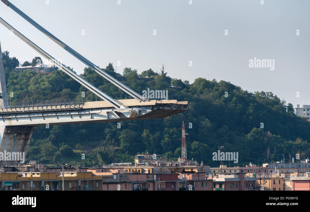 Genoa, Italy, what remains of collapsed Morandi Bridge connecting A10 motorway after structural failure causing 43 casualties on August 14, 2018 Stock Photo