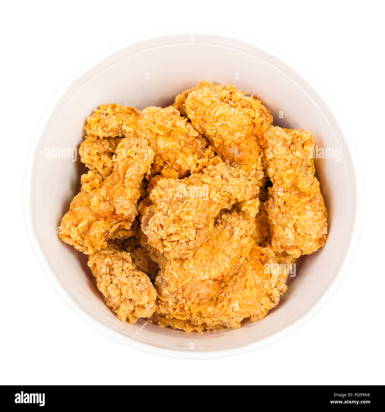 top view of crispy batter deep-fried chicken wings in paper bucket isolated on white background Stock Photo