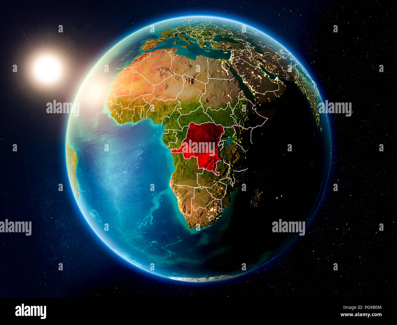 Sunset above Democratic Republic of Congo highlighted in red on planet ...
