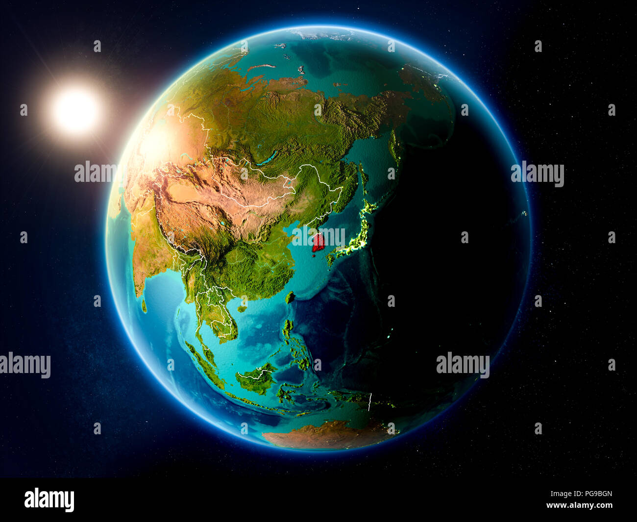 Sunset above South Korea highlighted in red on planet Earth with ...