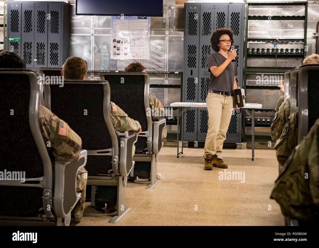 180818-N-RG482-385 POTI, Georgia (Aug. 18, 2018) Chief Mate Roshenda Josephs, a civil service mariner assigned to the Spearhead-class expeditionary fast transport ship USNS Carson City (T-EPF 7), provides a safety brief to U.S. Army Soldiers assigned Bravo Company, 2nd Battalion, 5th Cavalry Regiment, 1st Armored Brigade Combat Team, 1st Cavalry Division Aug. 18, 2018. Carson City is the seventh of nine expeditionary fast transport ships in Military Sealift Command's inventory with a primary mission of providing rapid transport of military equipment and personnel in theater via its 20,000 s Stock Photo