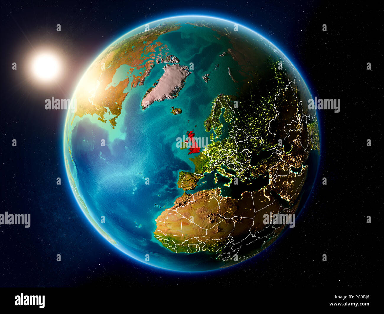 Sunset above United Kingdom highlighted in red on planet Earth with ...
