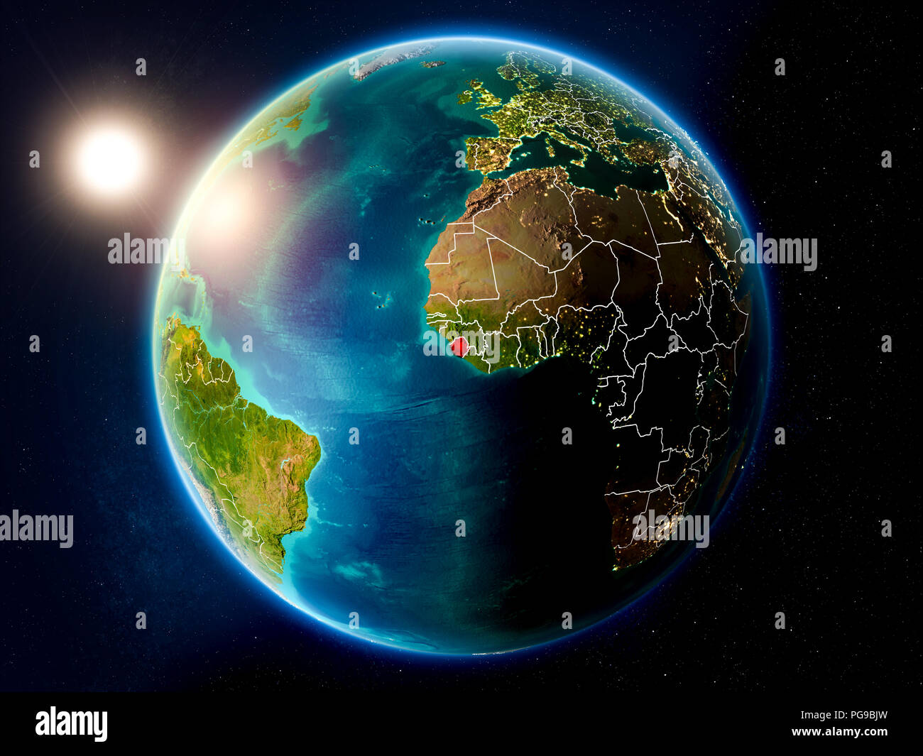 Sunset above Sierra Leone highlighted in red on planet Earth with ...