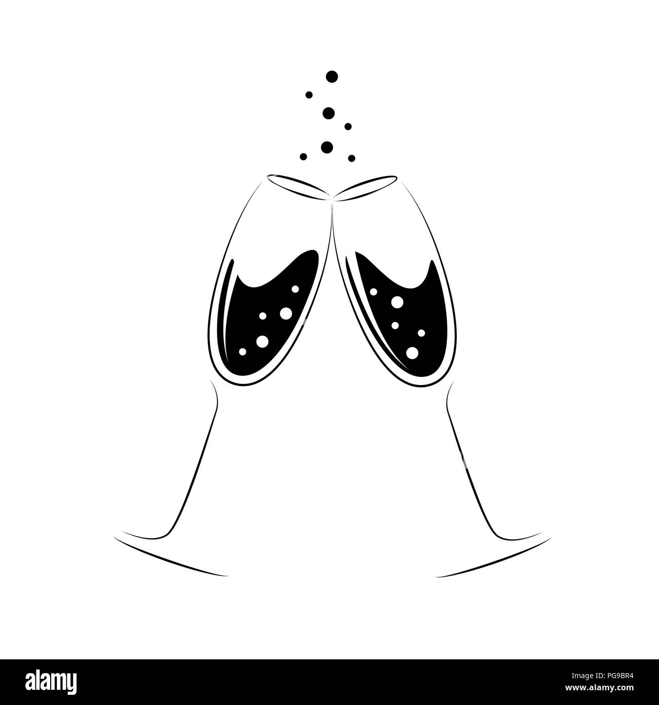 two crystal glasses of champagne black and white vector illustration EPS10 Stock Vector