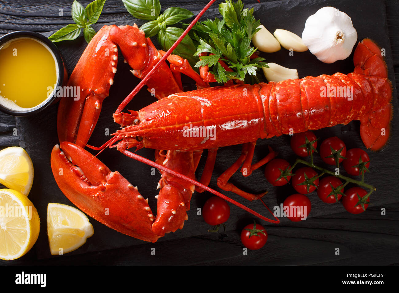 Shellfish plate of crustacean seafood with fresh boiled lobster with vegetables and herbs. gourmet dinner background. Horizontal top view from above Stock Photo
