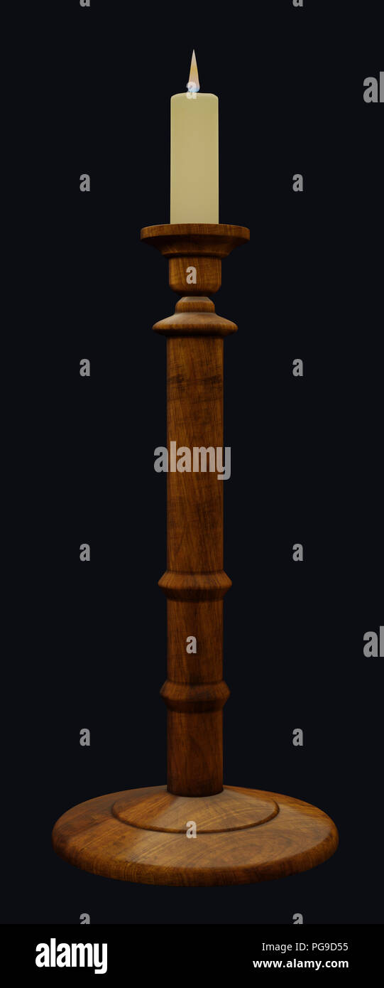 Wooden Candlestick with Lighted Wax Candle Stock Photo Alamy