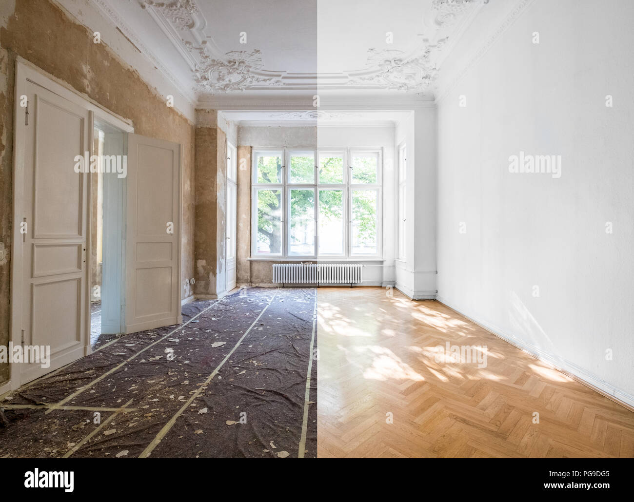 home renovation concept - apartment room before and after restoration or refurbishment - Stock Photo