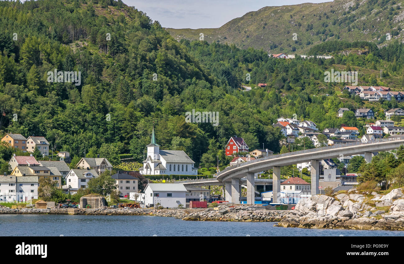 View of Maloy, Norway with bridge connecting it with mainland. Stock Photo