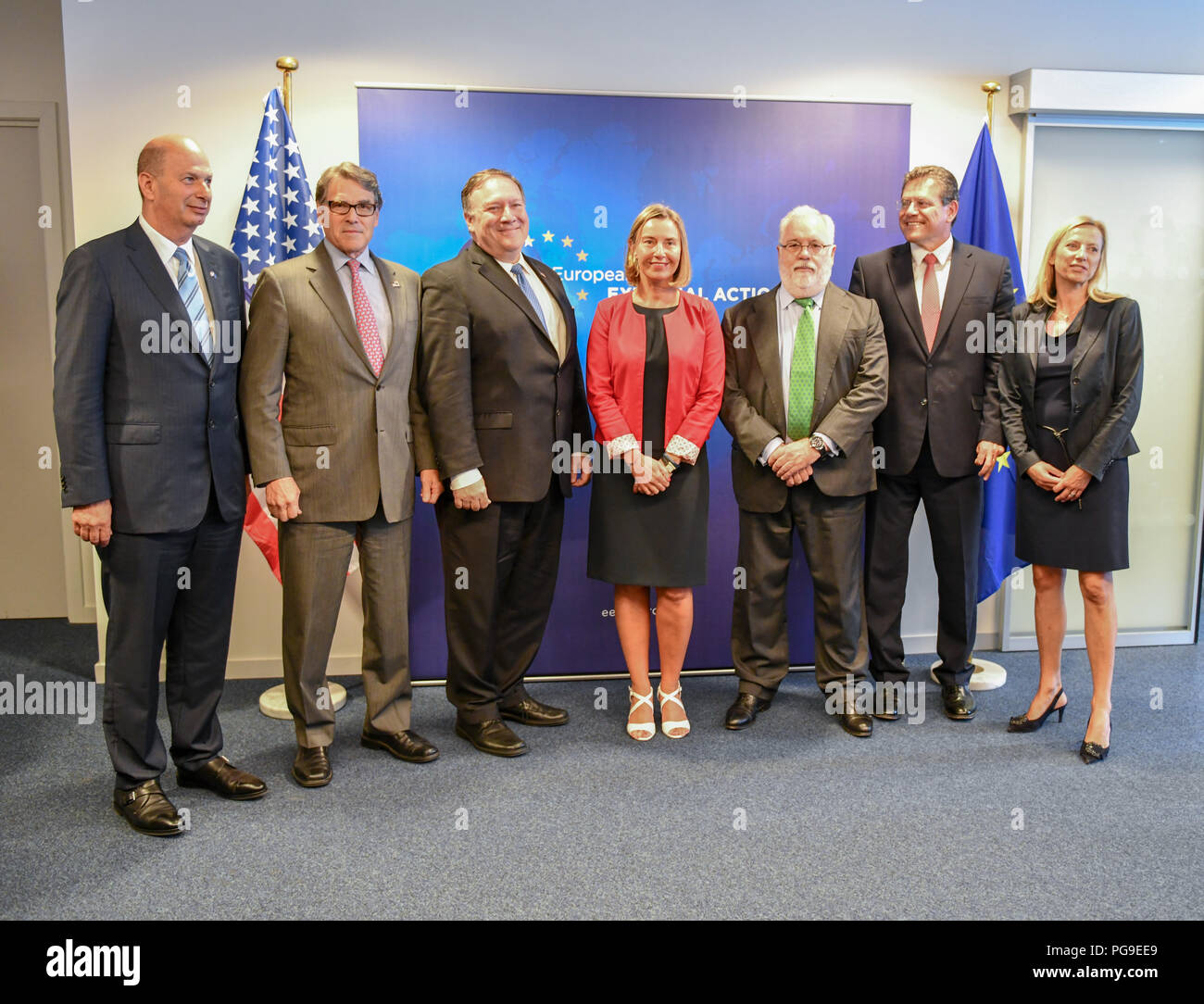 U.S. Secretary of State Michael R. Pompeo poses for a photo with U.S. Secretary of Energy Rick Perry, Assistant Secretary for the Bureau of Energy Resources Francis Fannon and U.S. Representative to the European Union Federica Mogherini at the United States EU Energy Council meeting in Brussels, Belgium on July 12, 2018. Stock Photo