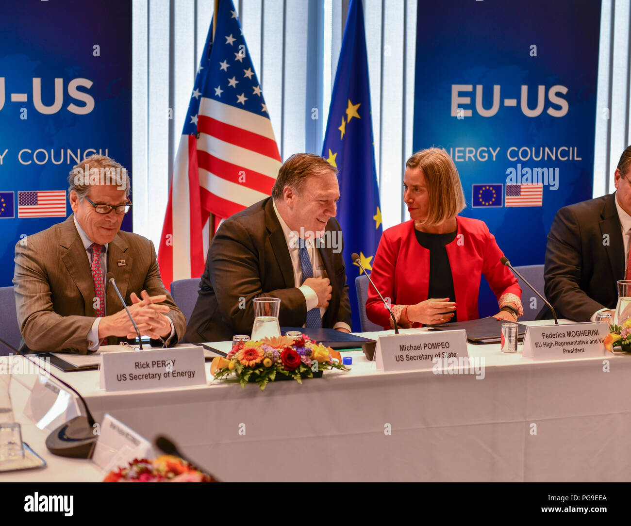 U.S. Secretary of State Michael R. Pompeo chats with U.S. Secretary of Energy Rick Perry and U.S. Representative to the European Union Federica Mogherini at the United States EU Energy Council meeting in Brussels, Belgium on July 12, 2018. Stock Photo