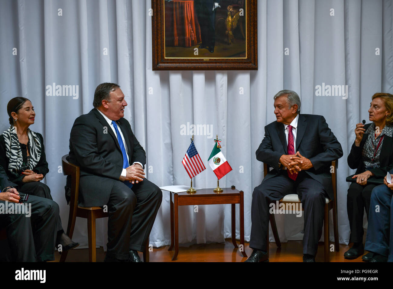 U.S. Secretary of State Michael R. Pompeo meets with Mexican President-elect Andres Manuel Lopez Obrador in Mexico City, Mexico on July 13, 2018. Stock Photo