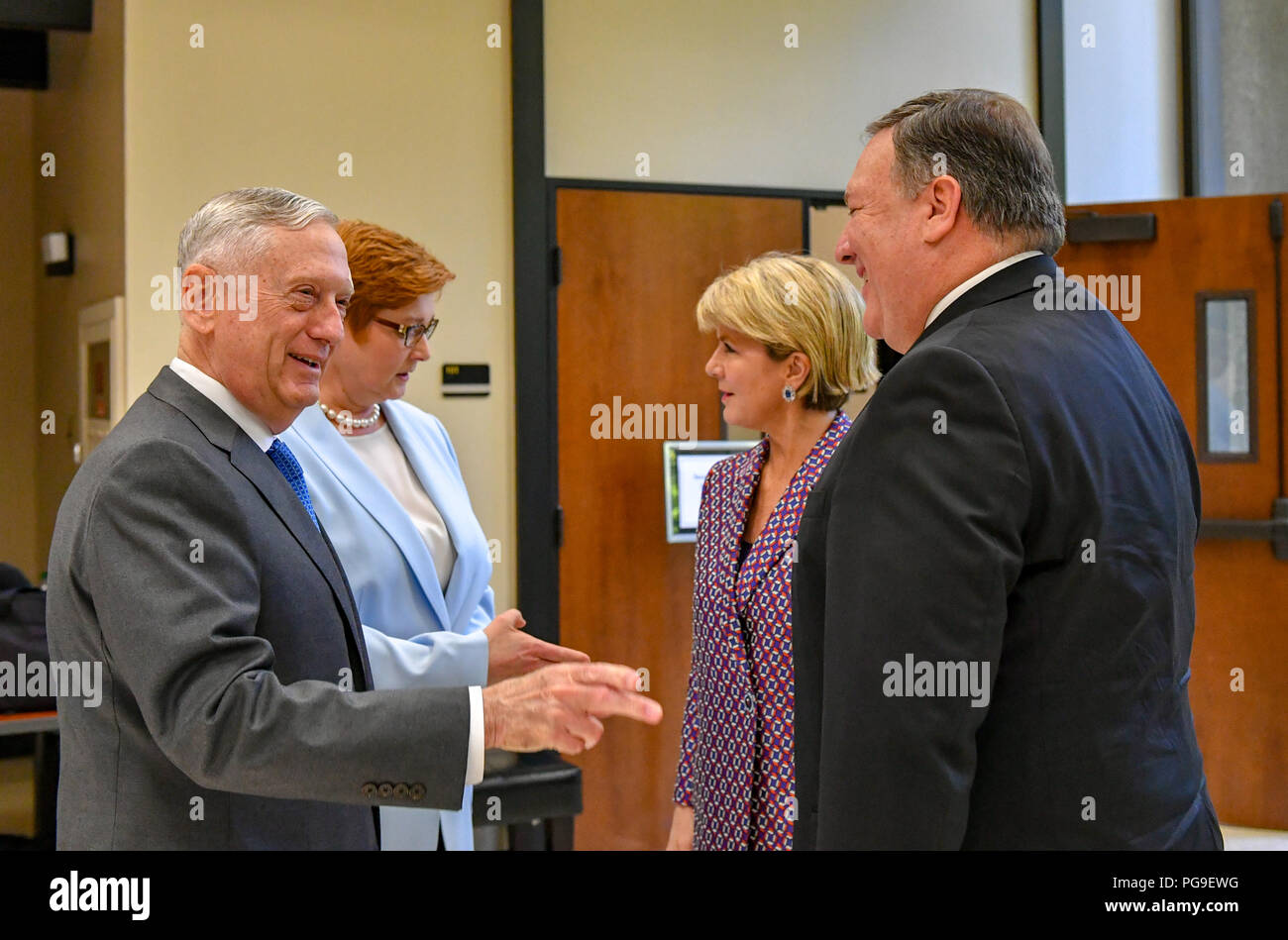 U.S. Secretary of State Michael R. Pompeo chats with U.S. Secretary of Defense James Mattis, Minister for Defence Marise Payne and Australian Foreign Minister Julie Bishop at the Hoover Institution at Stanford University in Palo Alto, California on July 23, 2018. Stock Photo