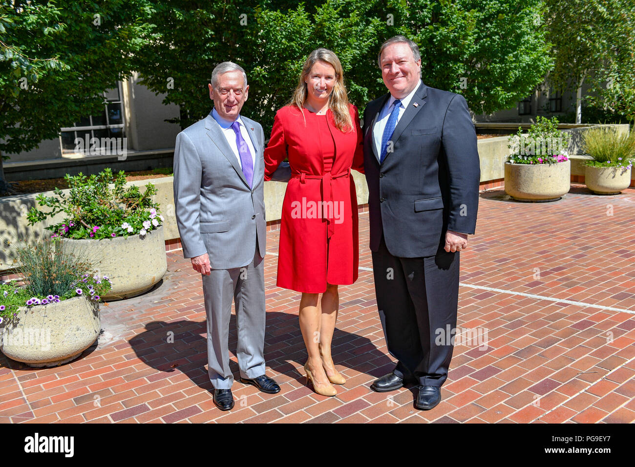 U.S. Secretary of State Michael R. Pompeo and U.S. Secretary of Defense James Mattis thank AUSMIN event organizers at the Hoover Institution at Stanford University in Palo Alto, California on July 24, 2018. Stock Photo