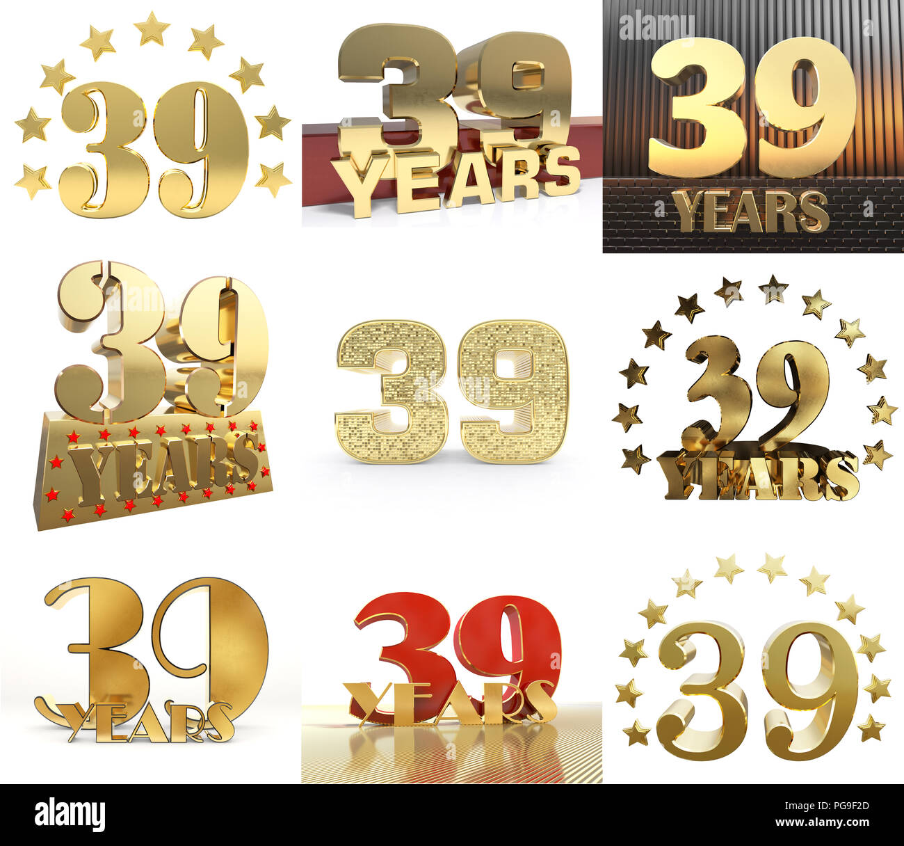 Set of number thirty nine year (39 year) celebration design. Anniversary golden number template elements for your birthday party. 3D illustration. Stock Photo