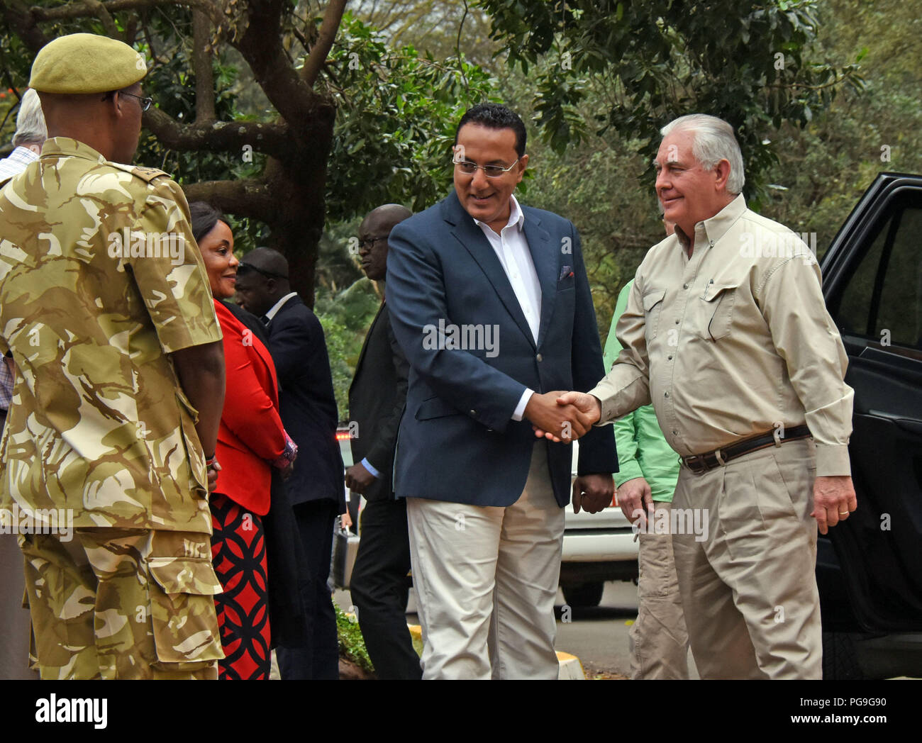 U.S. Secretary of State Rex Tillerson is welcomed to the Kenya Wildlife Service headquarters by Kenya's