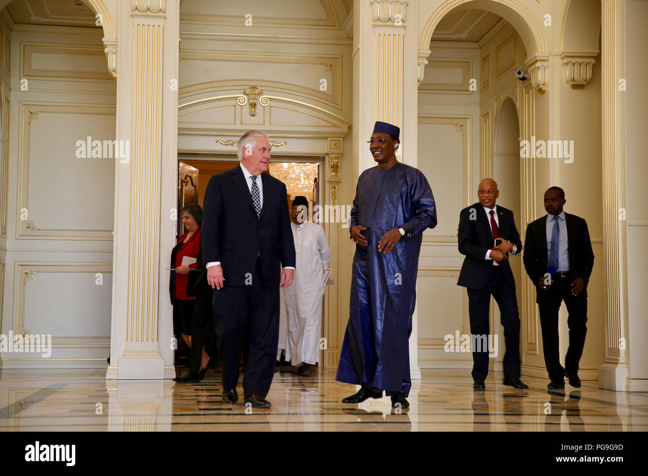 U.S. Secretary of State Rex Tillerson chats with Chadian President Idriss Déby in N’Djamena, Chad on March 12, 2018. Stock Photo