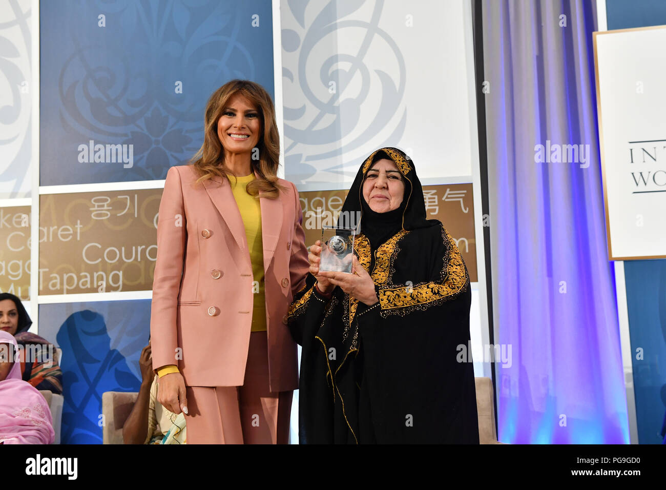 First Lady of the United States Melania Trump presents the 2018  International Women of Courage (IWOC) Award to Aliyah Khalaf Saleh of Iraq  during a ceremony at the U.S. Department of State