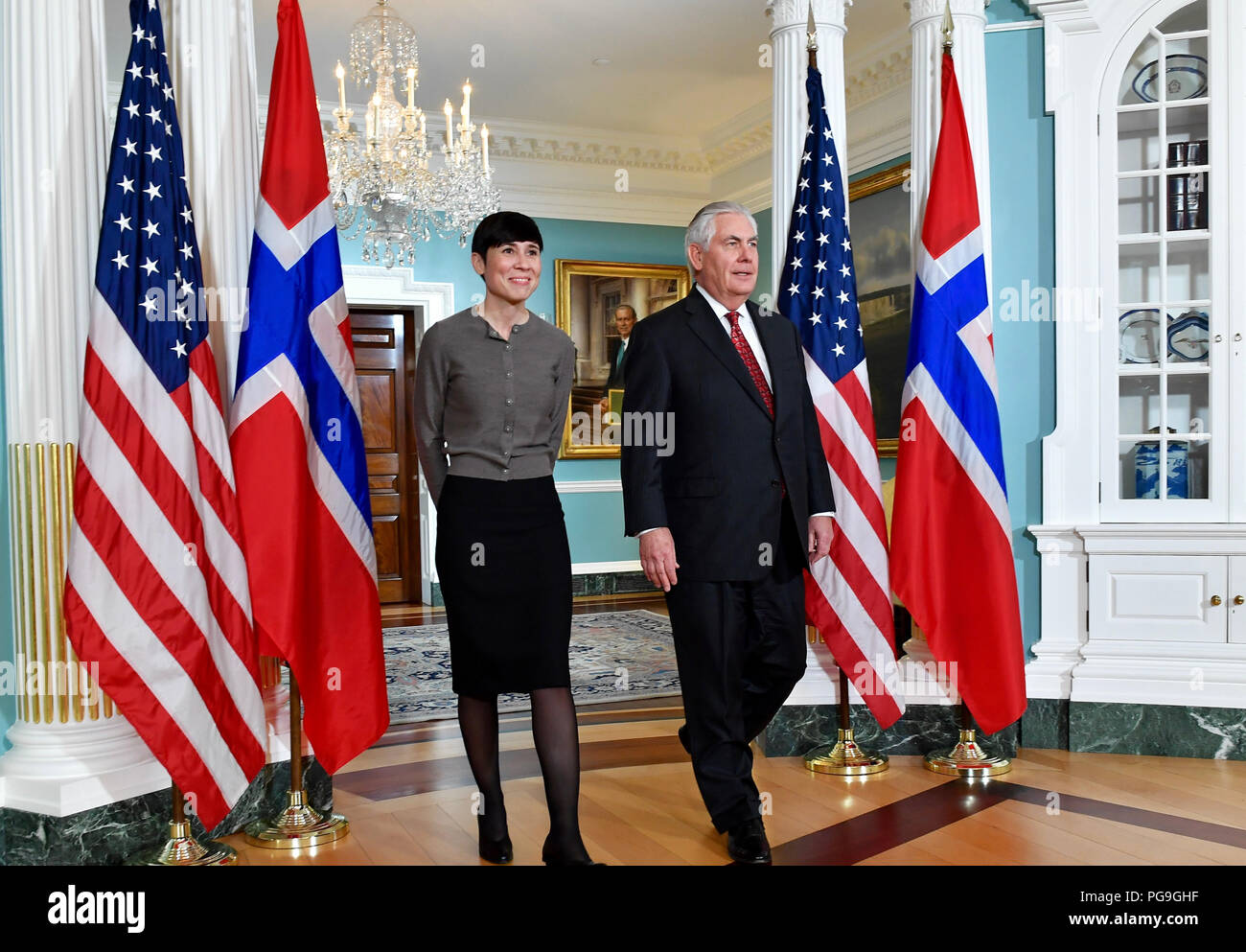 U.S. Secretary of State Rex Tillerson and Norwegian Foreign Minister Ine Marie Eriksen Søreide prepare to address reporters at the U.S. Department of State in Washington, D.C. on January 11, 2018. Stock Photo