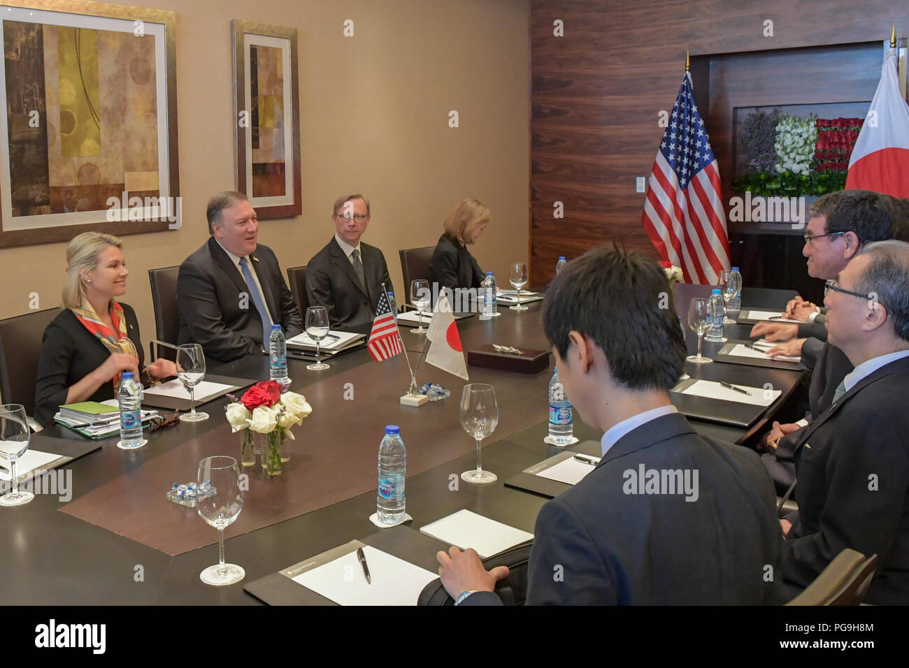 U.S. Secretary of State Mike Pompeo meets with Japanese Foreign Minister Taro Kono, in Amman, Jordan, on April 30, 2018. Stock Photo