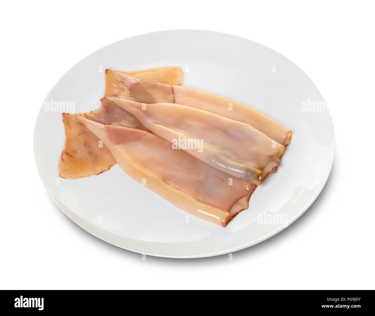 prepared squid in a plate on a white isolated background Stock Photo