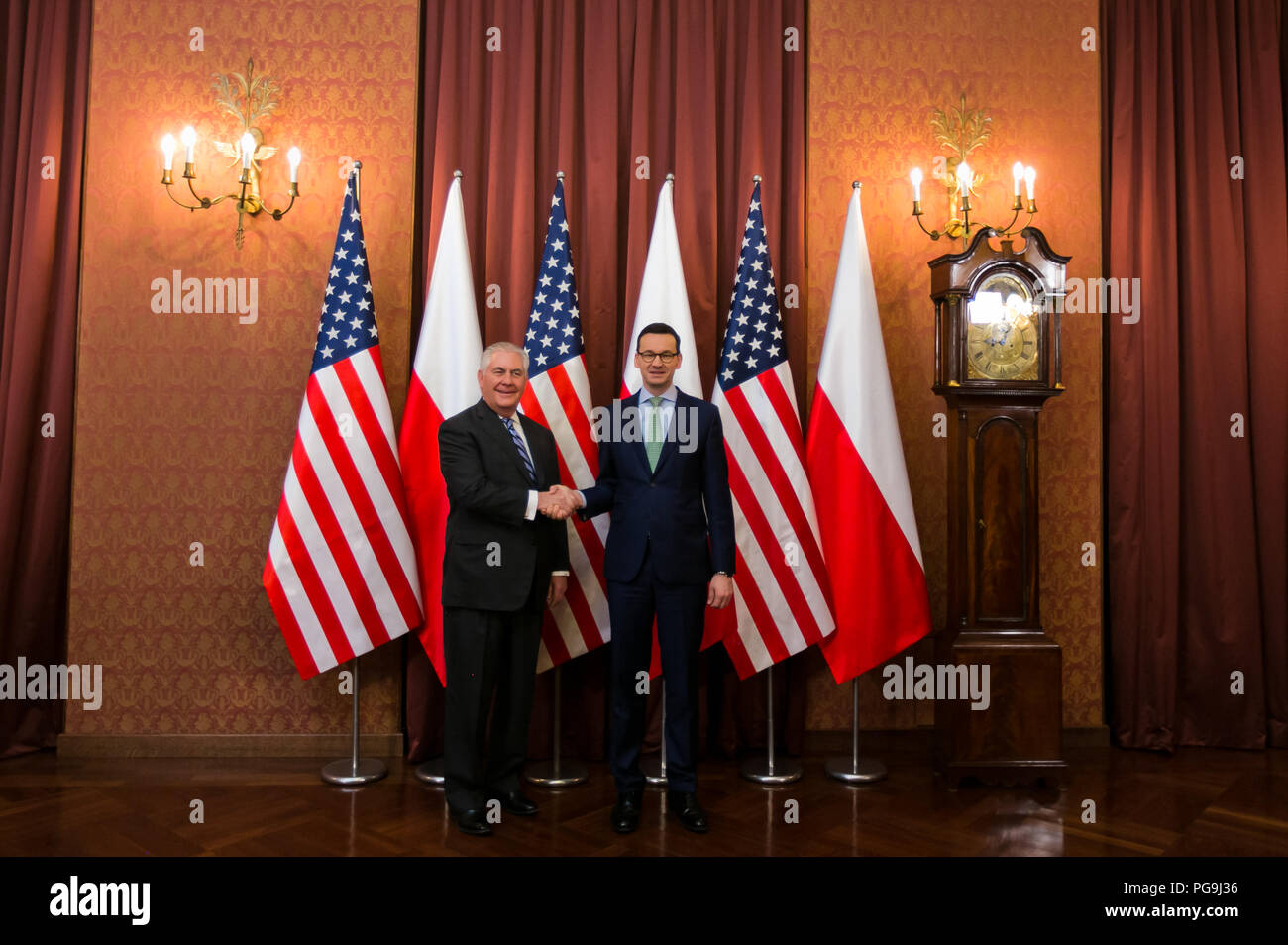 U.S Secretary of State Rex Tillerson and Polish Prime Minister Mateusz Morawiecki shake hands during their meeting in Warsaw, Poland on January 27, 2018. Stock Photo