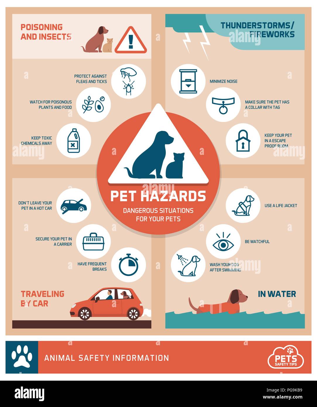 Pet safety tips infographic with icons: how to protect your pets from hazards Stock Vector