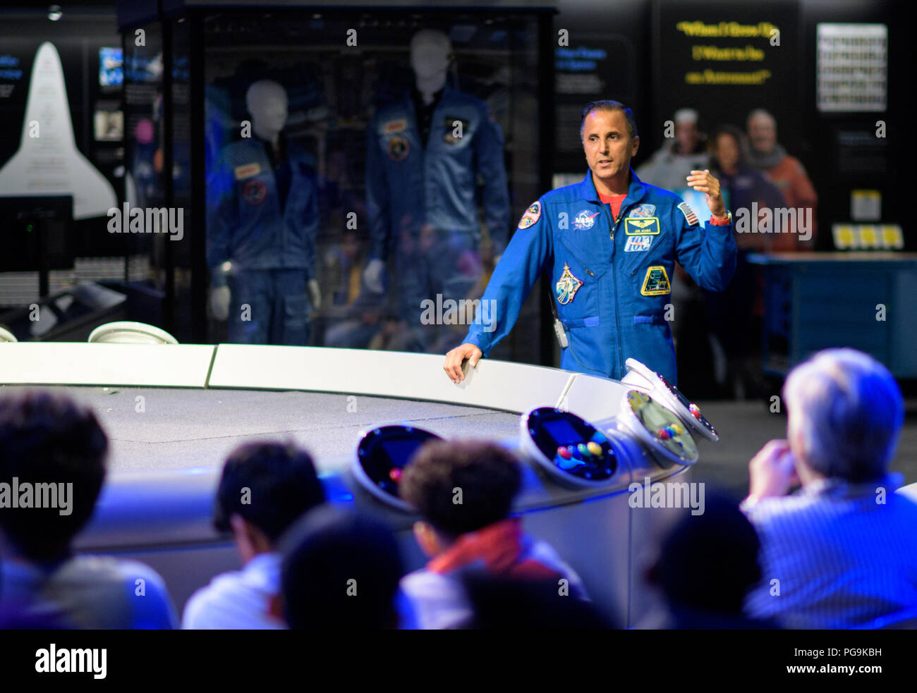 NASA astronaut Joe Acaba answers an audience members question prior to a presentation, Thursday, June 14, 2018 at the Smithsonian National Air and Space Museum in Washington. Acaba and astronaut Mark Vande Hei answered questions from the audience and spoke about their experiences aboard the International Space Station for 168 days as part of Expedition 53 and 54. Stock Photo