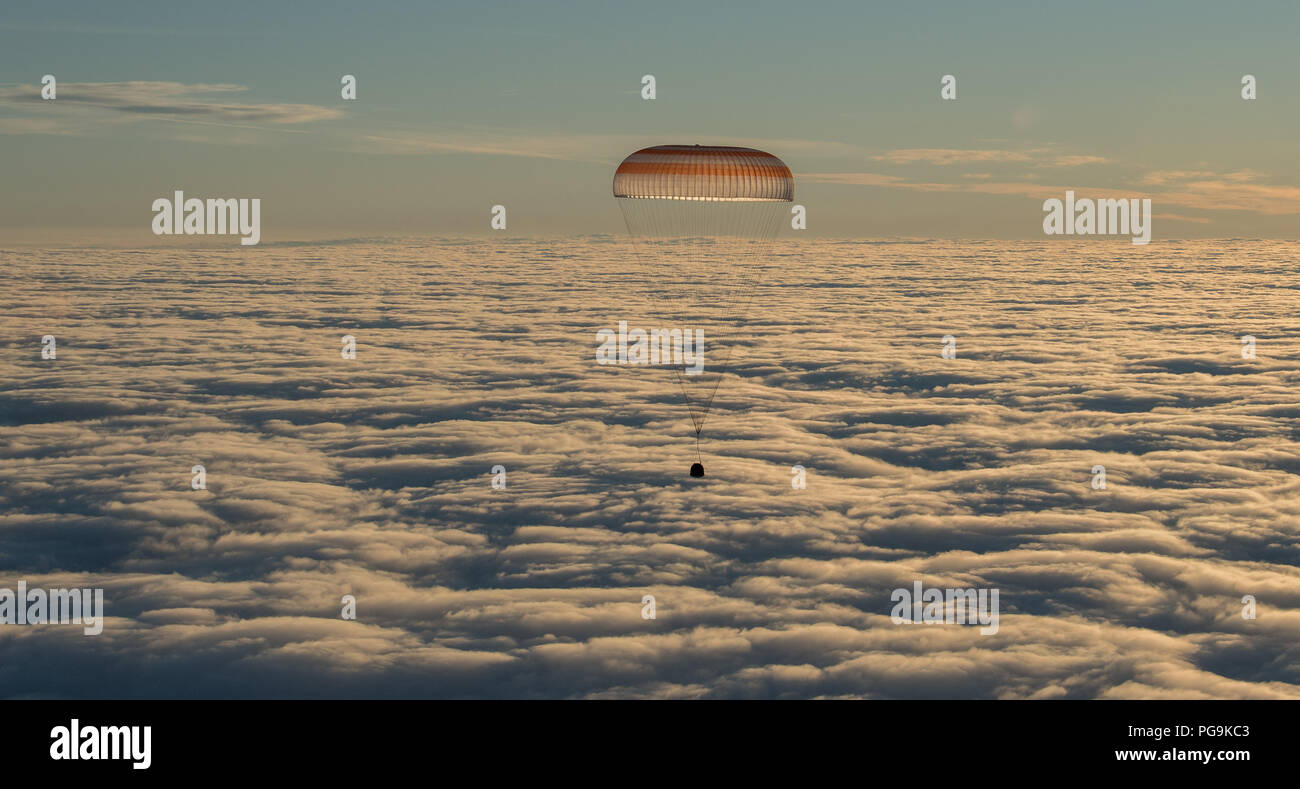 The Soyuz MS-06 spacecraft is seen as it lands with Expedition 54 crew members Joe Acaba and Mark Vande Hei of NASA and cosmonaut Alexander Misurkin near the town of Zhezkazgan, Kazakhstan on Wednesday, Feb. 28, 2018 (February 27 Eastern time.) Acaba, Vande Hei, and Misurkin are returning after 168 days in space where they served as members of the Expedition 53 and 54 crews onboard the International Space Station. Stock Photo