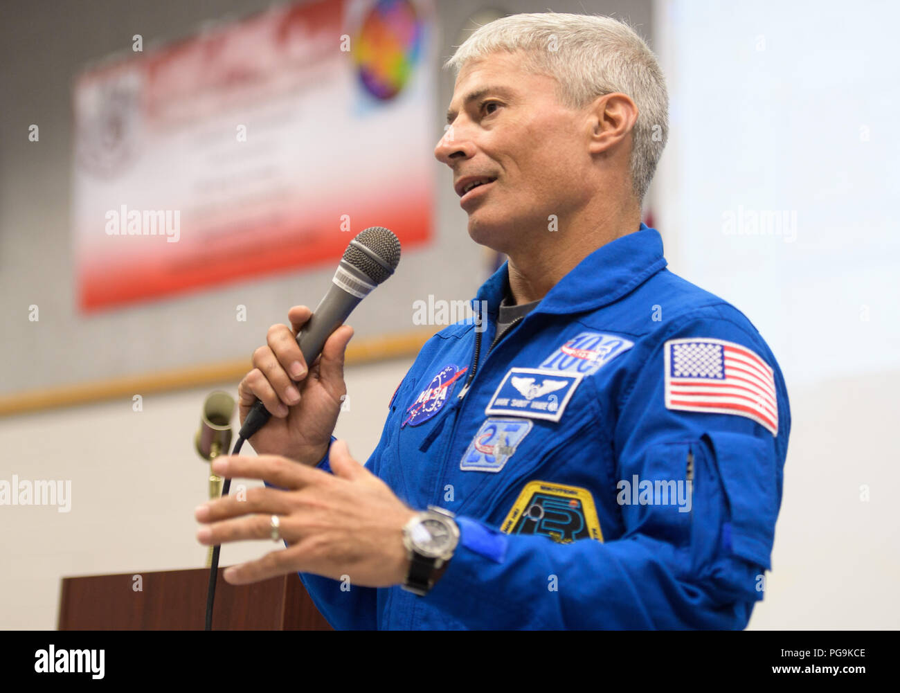 NASA astronaut Mark Vande Hei speaks about his time onboard the International Space Station during a presentation to students at Walt Whitman Middle School, Thursday, June 14, 2018 in Alexandria, Va. Vande Hei and astronaut Joe Acaba answered questions from the audience and spoke about their experiences aboard the International Space Station for 168 days as part of Expedition 53 and 54. Stock Photo