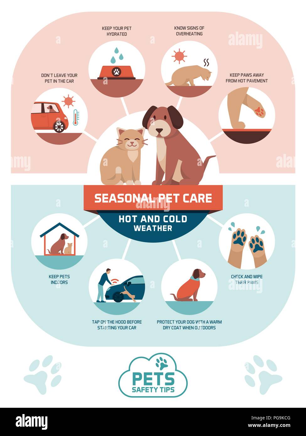 Seasonal pet safety tips infographic with icons: how to protect your pet from heat and cold in summer and winter Stock Vector