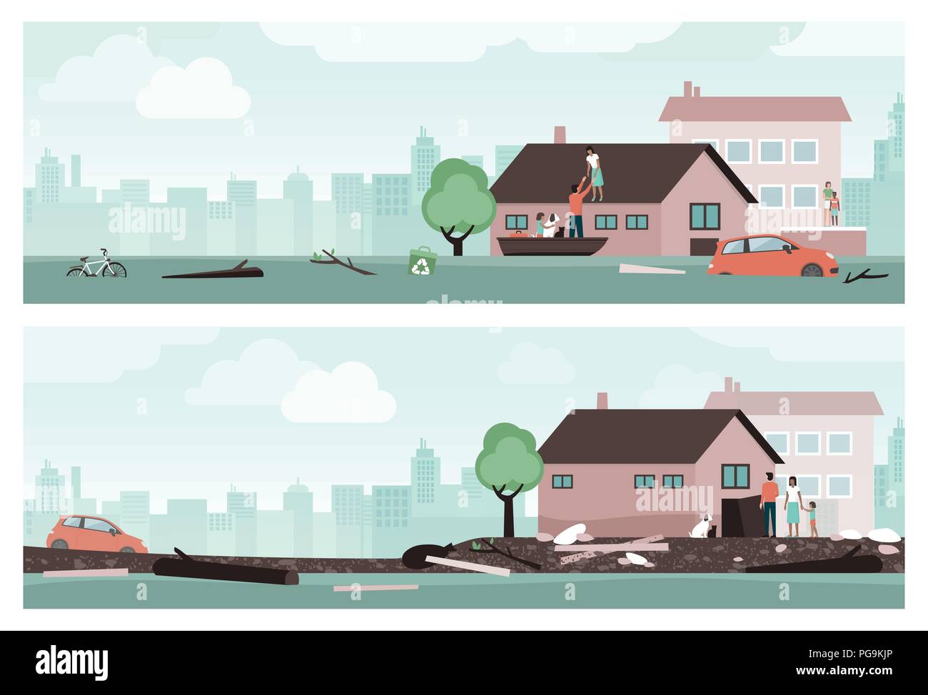 People surviving a water flood emergency and returning back to their home Stock Vector
