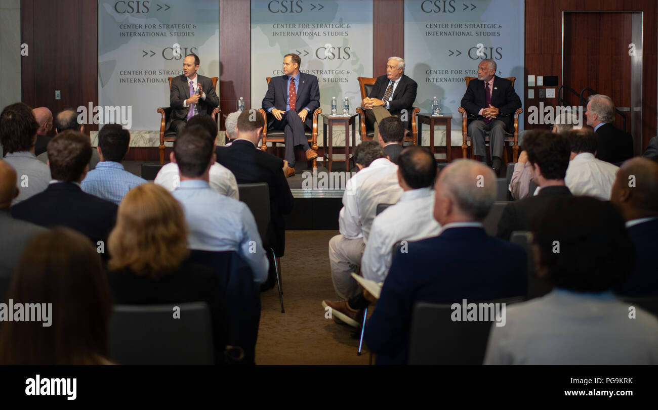 Todd Harrison, director of defense budget analysis and the aerospace security project, and senior fellow in the international security program at the Center for Strategic and International Studies, left, leads a discussion with NASA Administrator Jim Bridenstine, second from left, and former NASA Administrators Sean O'Keefe, second from right, and Charles Bolden, right, during an event celebrating NASA's 60th anniversary at the Center for Strategic and International Studies on Monday, July 23, 2018 in Washington. Bridenstine, O'Keefe, and Bolden answered questions about the past and future of  Stock Photo