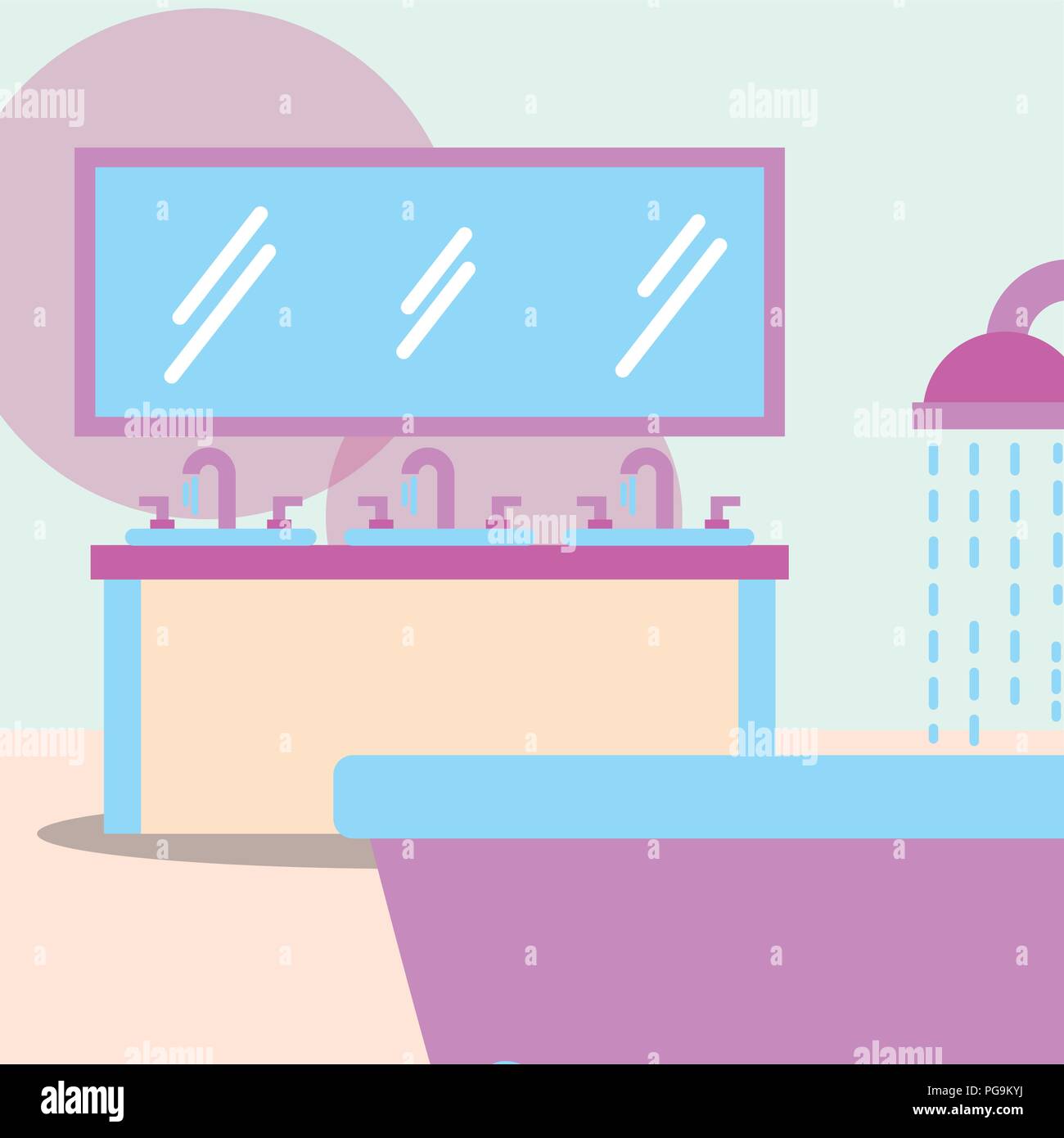 three washbasin mirror and bathtub shower bathroom Stock Vector