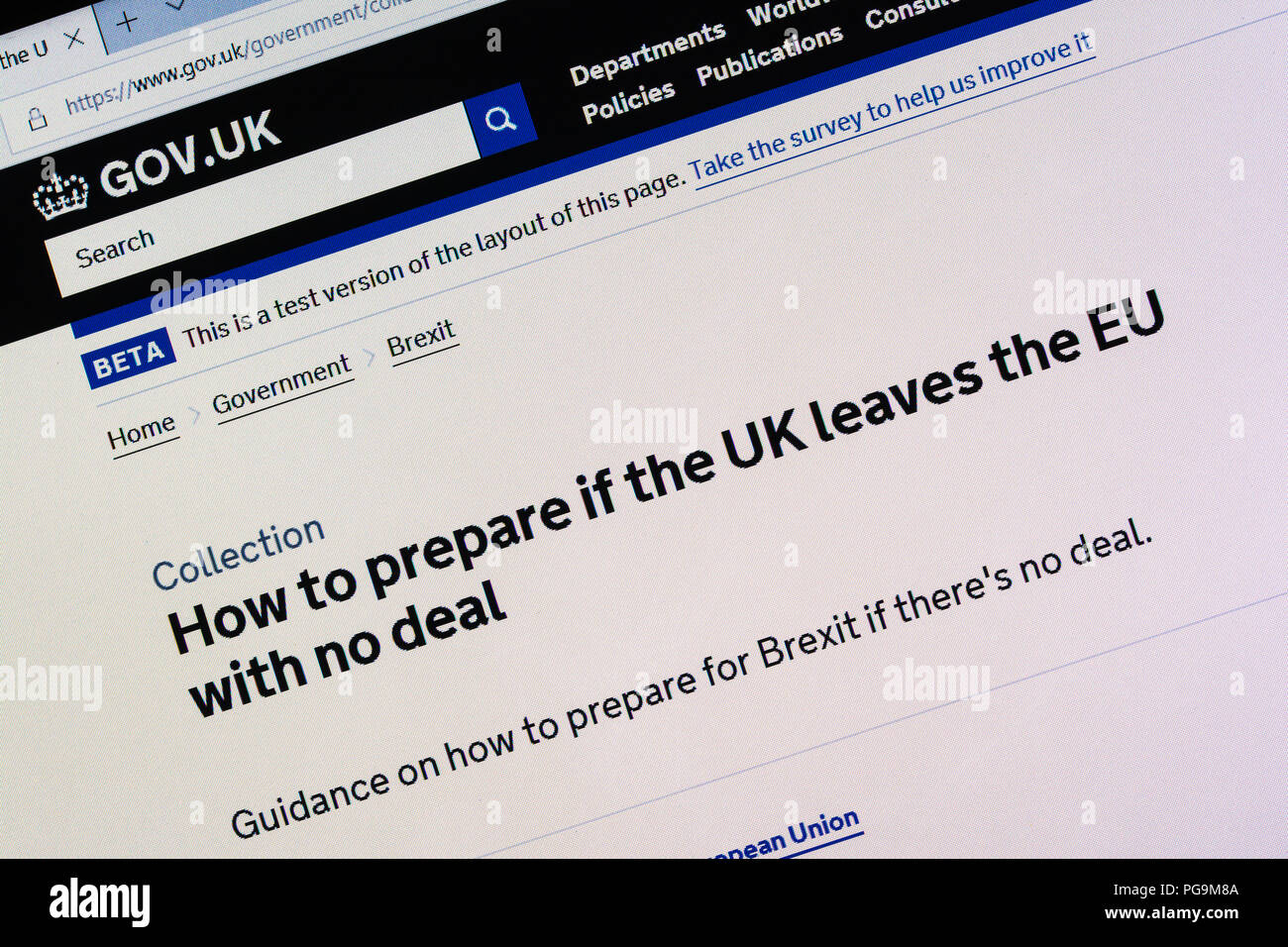 Gov.uk website screenshot displaying information about the UK government's preparations for a no deal Brexit scenario, August 2018 Stock Photo
