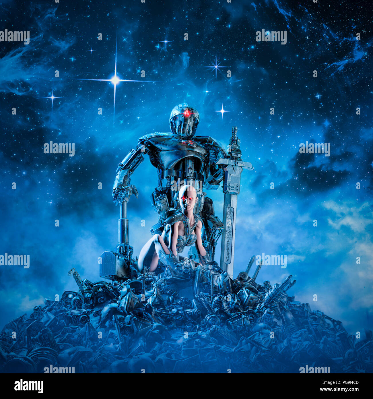 The quantum warrior / 3D illustration of science fiction scene showing large armoured android holding sword and battle hammer with female sidekick cro Stock Photo