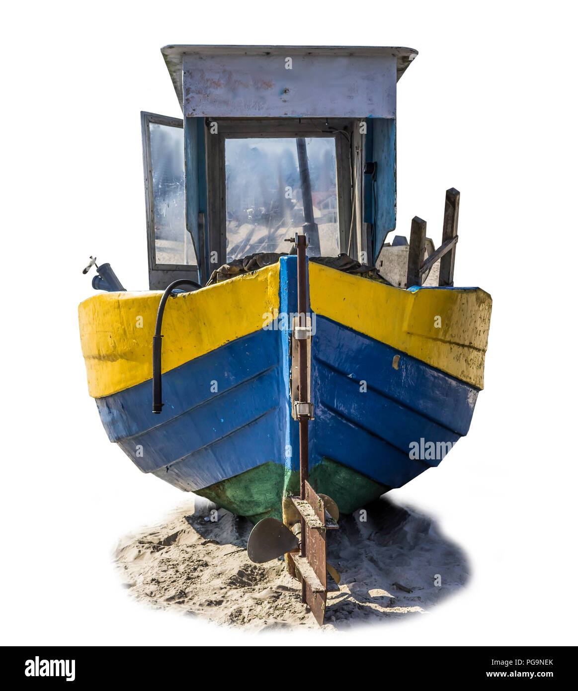 Baltic Sea .Old wooden fishing launch dragged ashore. Isolated photo. Site about the sea, fishing industry, fishermen, shipbuilding , timber ,romance. Stock Photo
