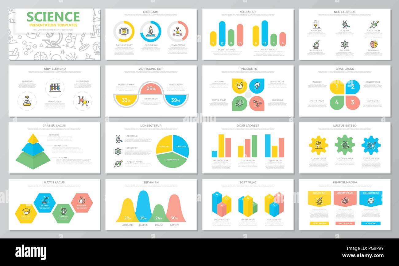 Science and research presentation templates elements on white background. Vector infographics, flyer and leaflet, corporate report, marketing, advertising, banner. Stock Vector