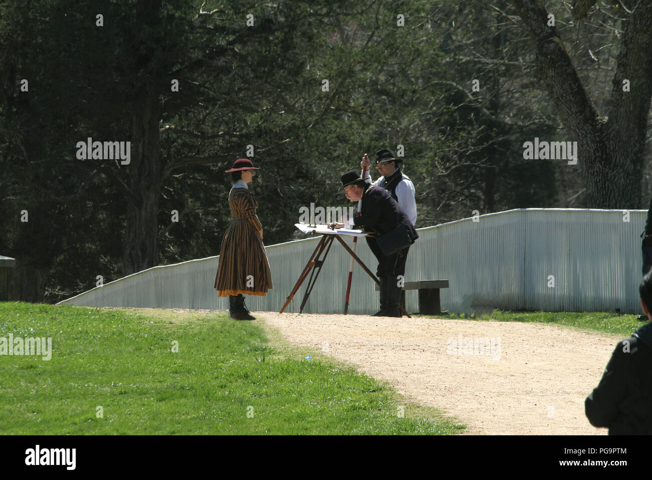 Cartographers surveying the land during the Civil War. Historical reenactment at Appomattox Court House, VA, USA. Stock Photo