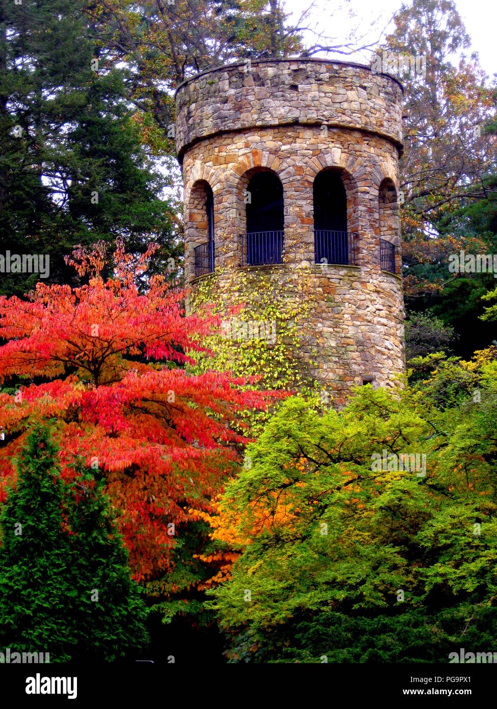 The Bell Tower at Longwood Gardens, Kennett Square Pennsylvania shot in the foreground of Autumn colors. Stock Photo