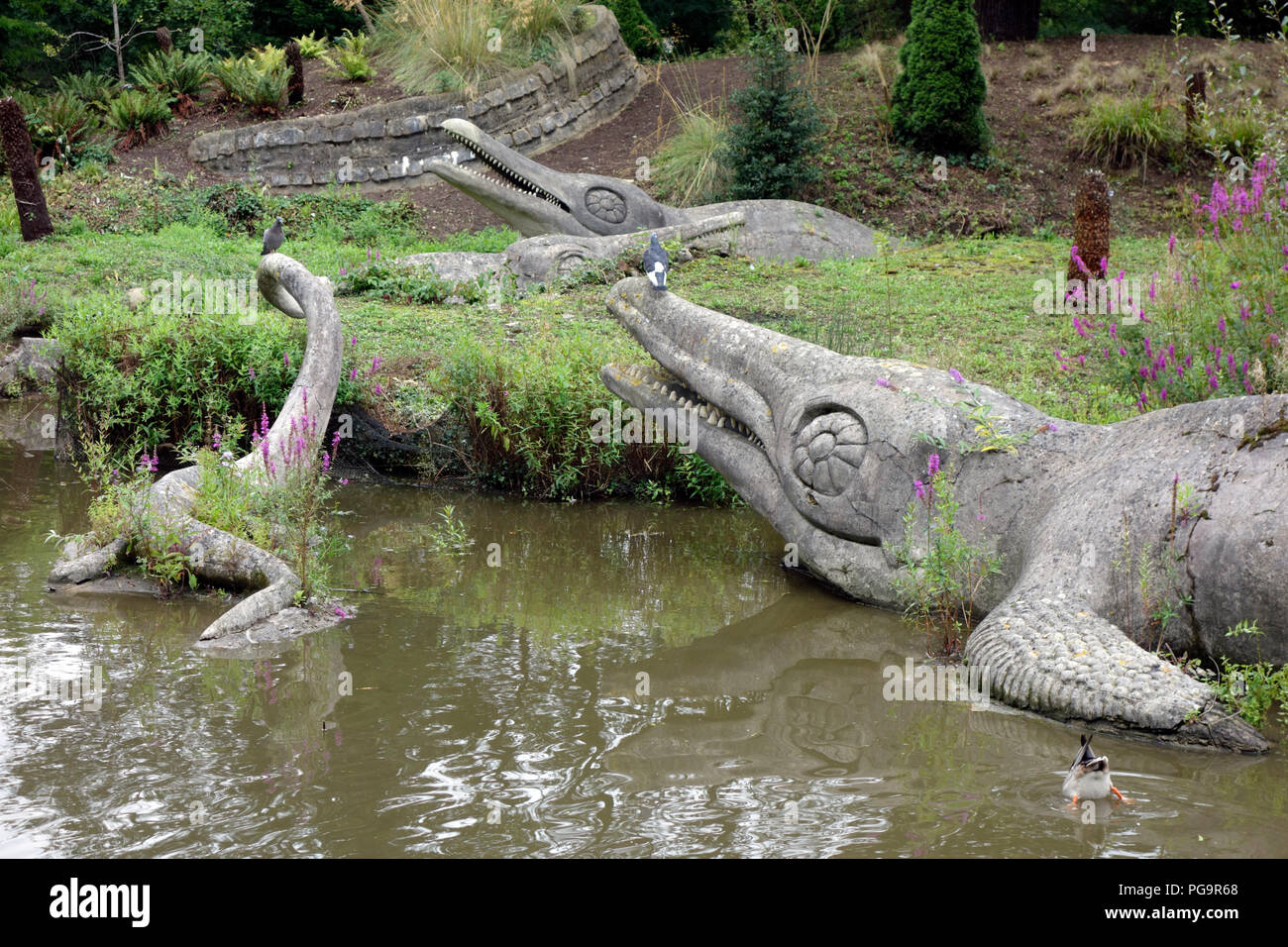 Ichthyosaurus sculptures at Crystal Palace Park, London Stock Photo