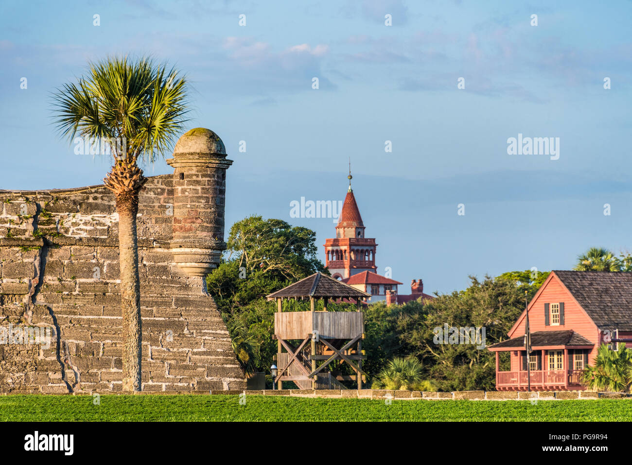 Old Town St. Augustine, Florida's Colonial Quarter with Castillo de San Marcos in the foreground and historic Flagler College in the background. (USA) Stock Photo