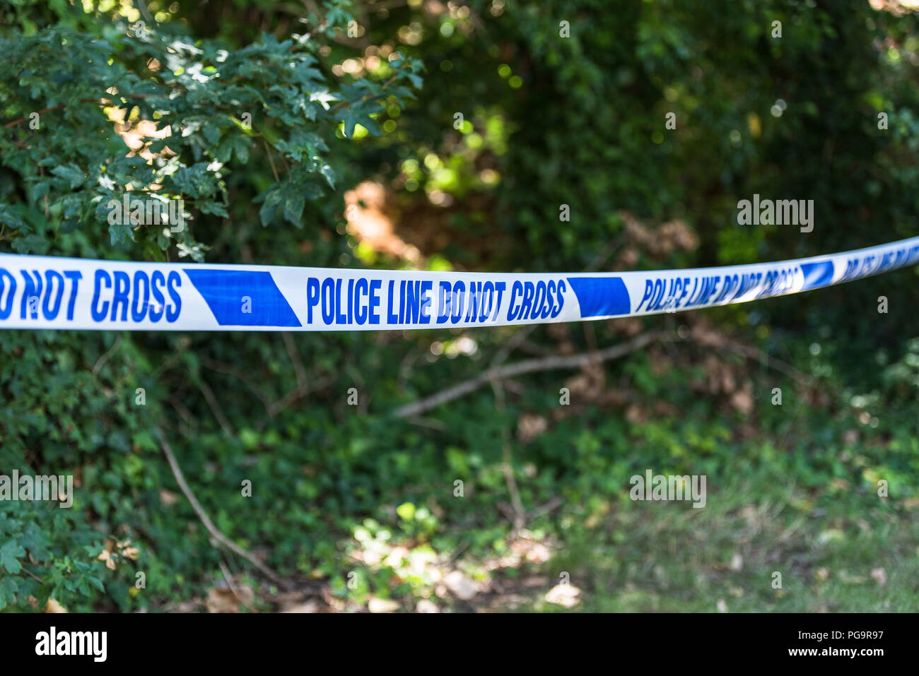 Stabbing crime scene -  surrounded by blue police line near London in Kent,  British Police Stock Photo